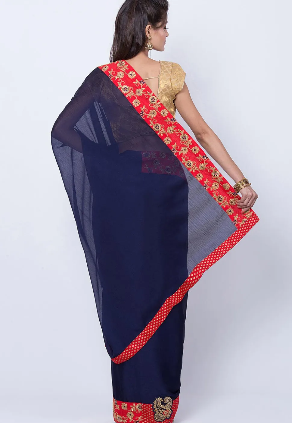 Embroidered Border Chiffon Saree in Navy Blue