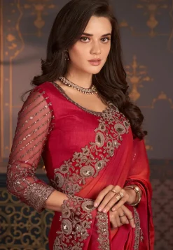 Embroidered Border Chiffon Saree in Red