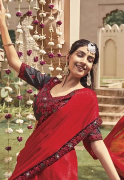 Embroidered Border Chiffon Saree in Red