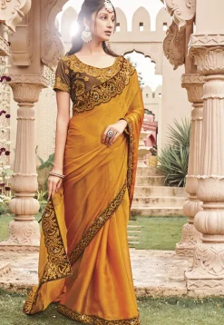 Embroidered Border Chiffon Shimmer Saree in Yellow