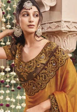 Embroidered Border Chiffon Shimmer Saree in Yellow