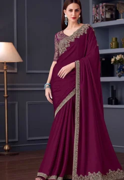 Embroidered Border Chiffon Scalloped Saree in Wine