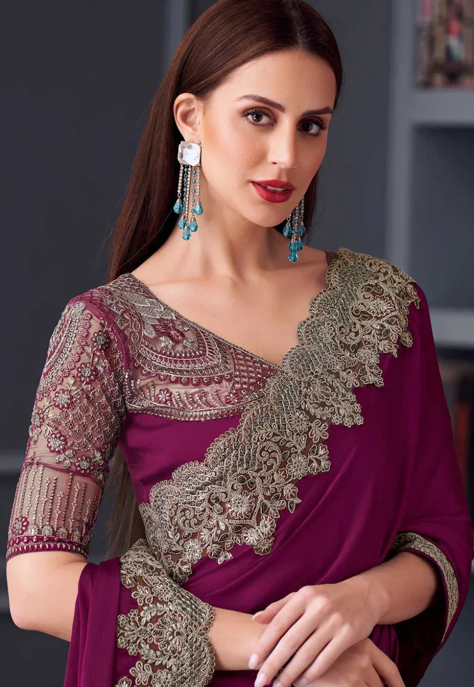 Embroidered Border Chiffon Scalloped Saree in Wine