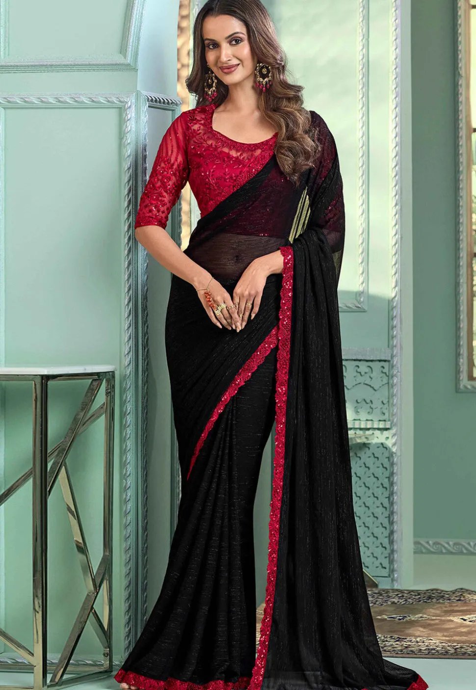 Embroidered Border Chiffon Scalloped Saree in Black