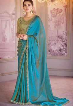 Embroidered Border Chiffon Shimmer Scalloped Saree in Blue