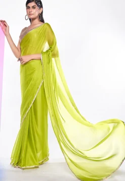 Embroidered Border Chiffon Saree in Light Green