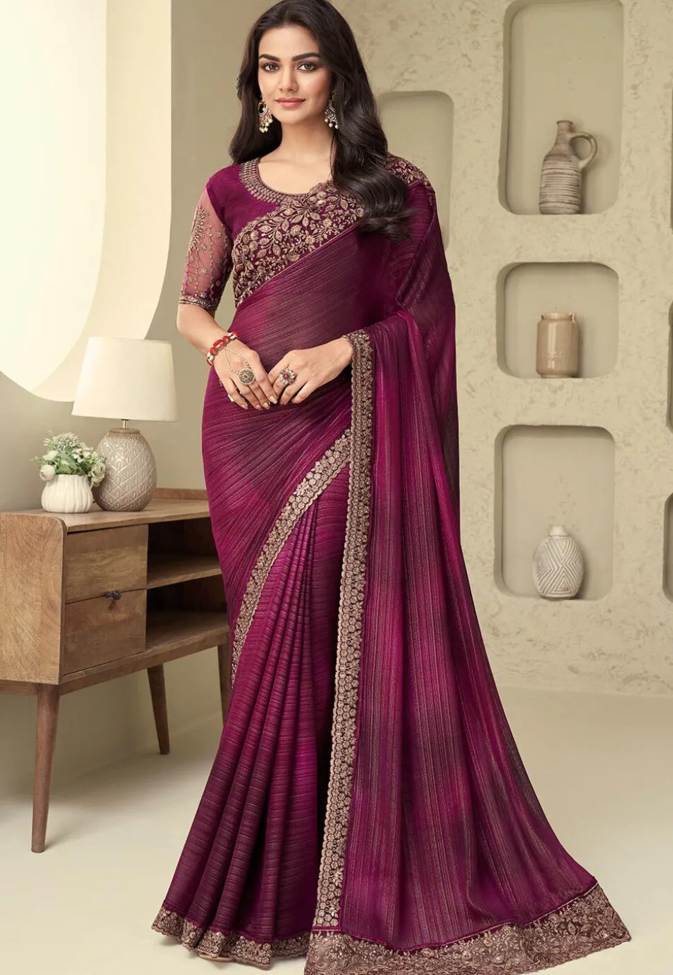 Embroidered Border Chiffon Shimmer Scalloped Saree in Maroon