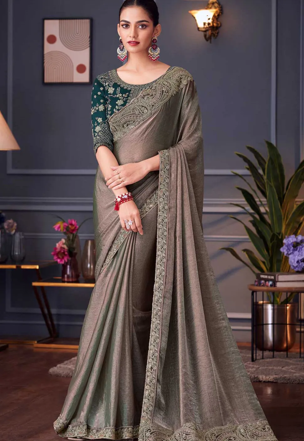 Embroidered Border Chiffon Scalloped Saree in Fawn
