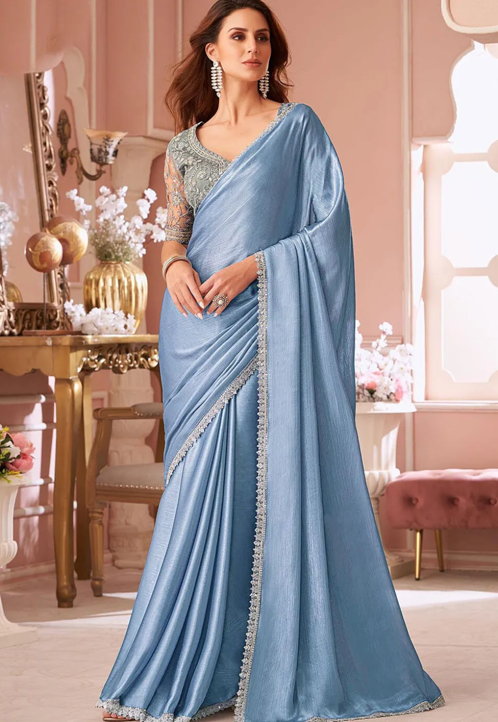 Embroidered Border Chiffon Saree in Light Blue