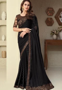 Embroidered Border Chiffon Brasso Saree in Black