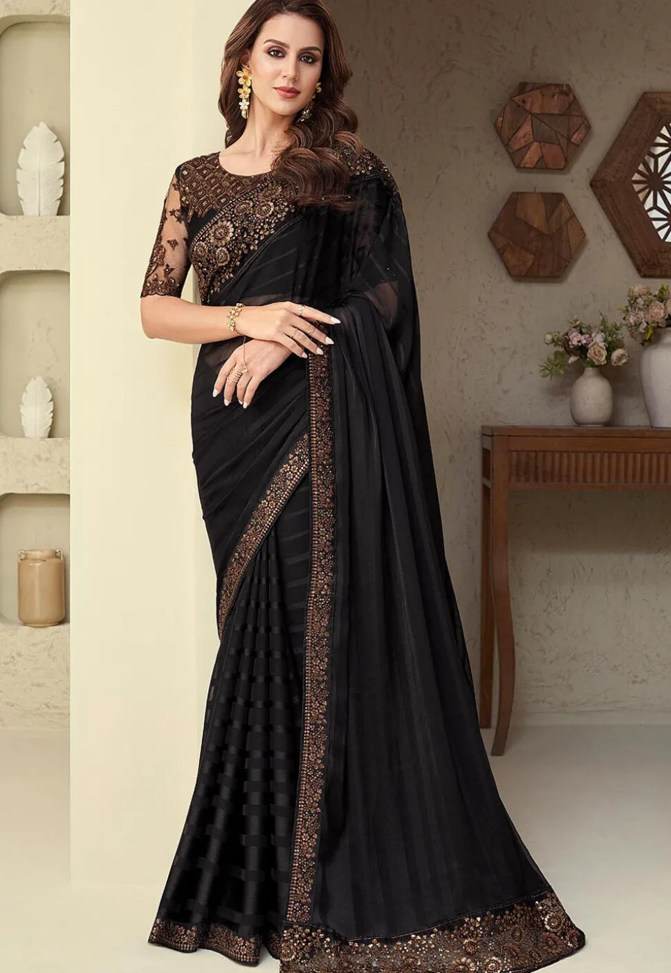 Embroidered Border Chiffon Brasso Saree in Black