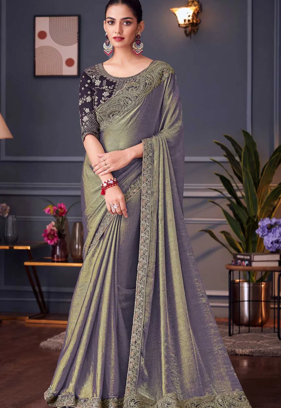 Embroidered Border Chiffon Scalloped Saree in Blue