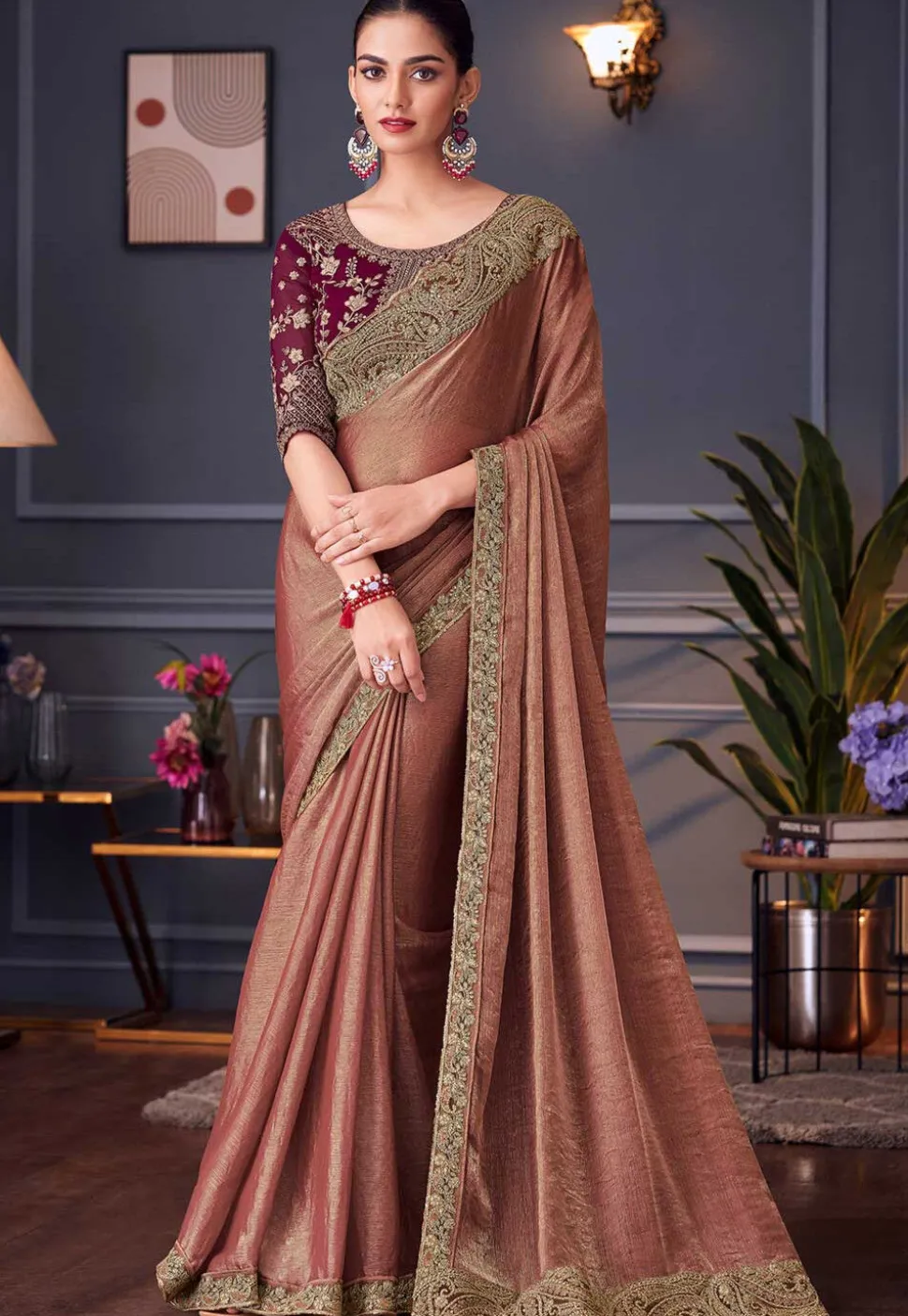 Embroidered Border Chiffon Scalloped Saree in Peach