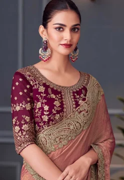 Embroidered Border Chiffon Scalloped Saree in Peach