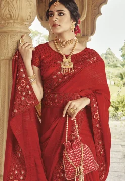 Embroidered Border Chiffon Jacquard Saree in Red