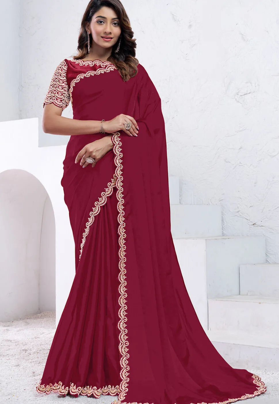 Embroidered Border Crepe Silk Scalloped Saree in Red