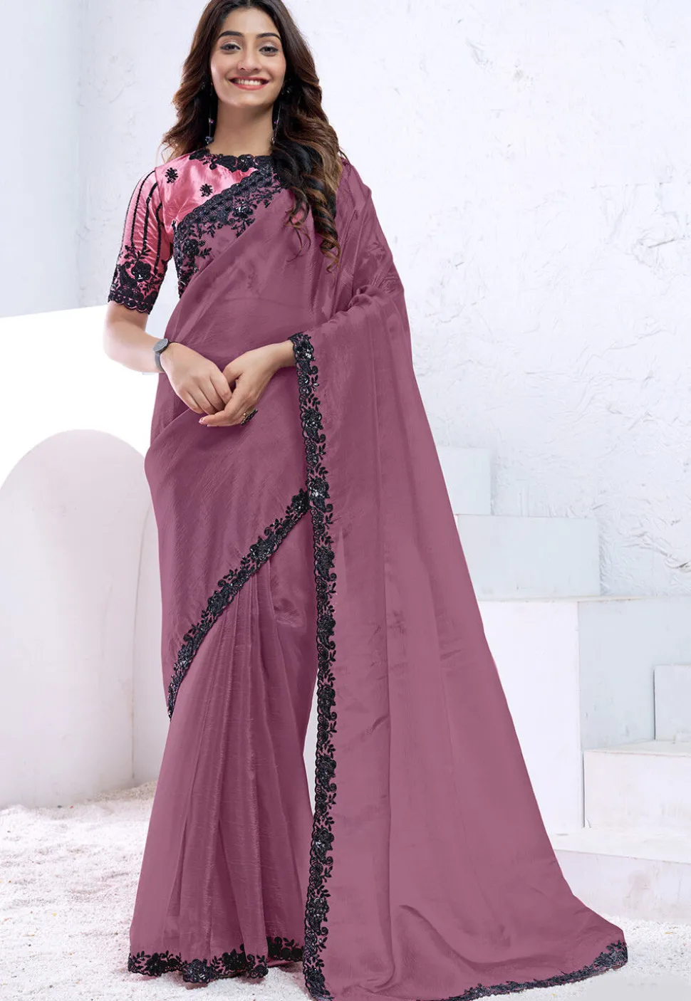 Embroidered Border Crepe Silk Saree in Dusty Purple