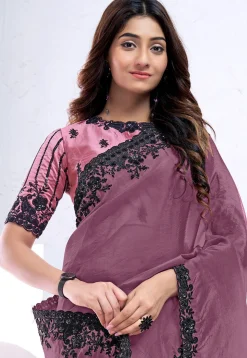 Embroidered Border Crepe Silk Saree in Dusty Purple