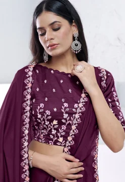 Embroidered Border Crepe Silk Saree in Wine