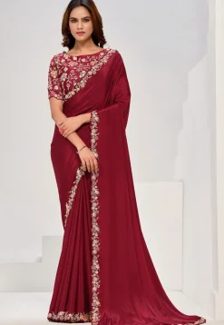 Embroidered Border Crepe Saree in Maroon