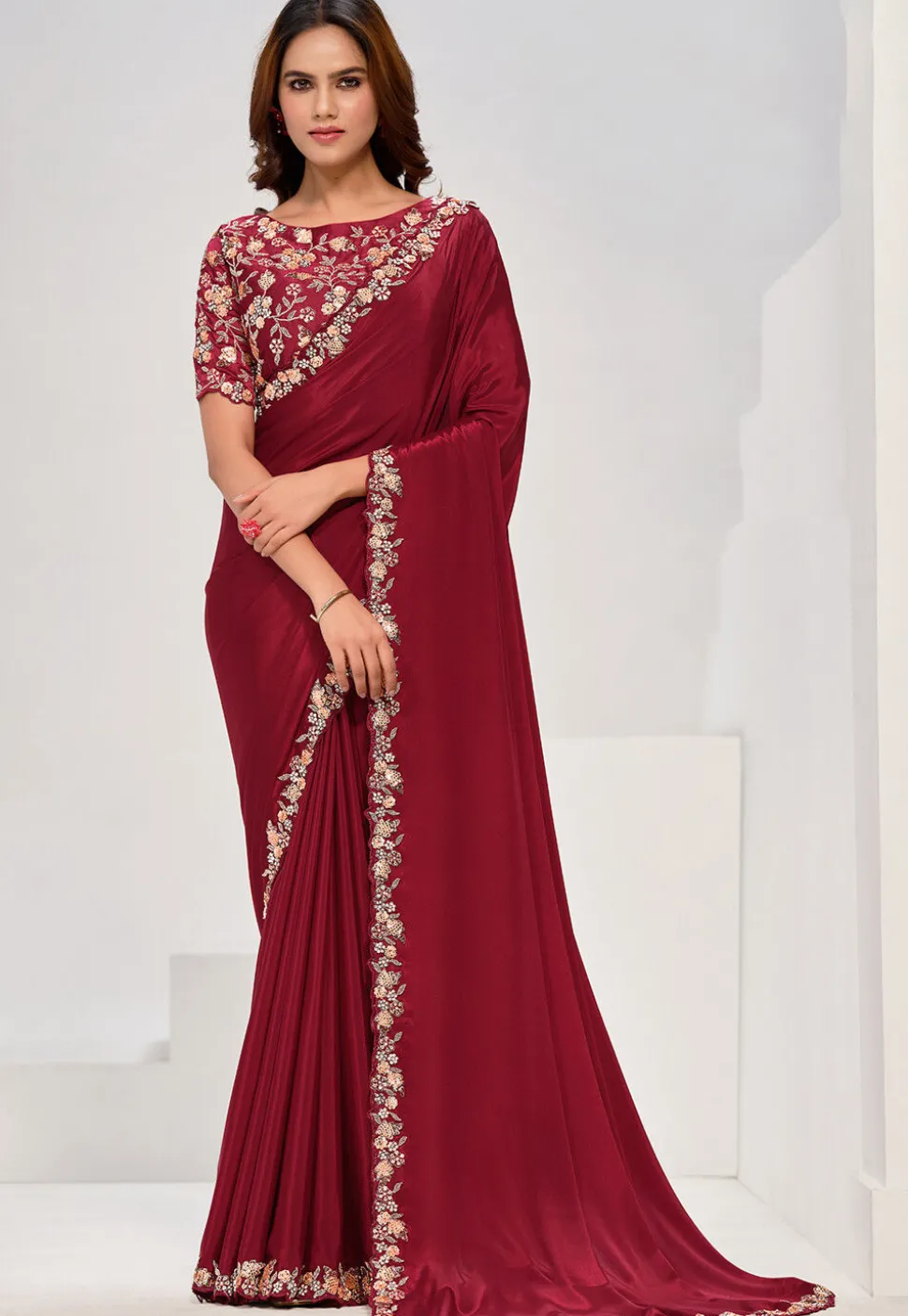 Embroidered Border Crepe Saree in Maroon