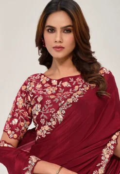 Embroidered Border Crepe Saree in Maroon