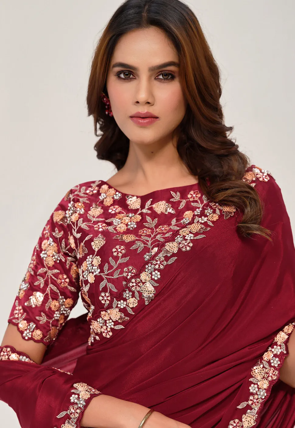 Embroidered Border Crepe Saree in Maroon