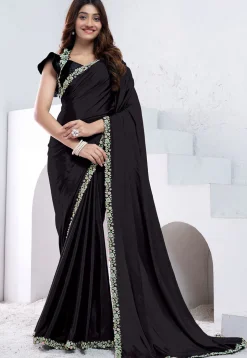 Embroidered Border Crepe Silk Saree in Black