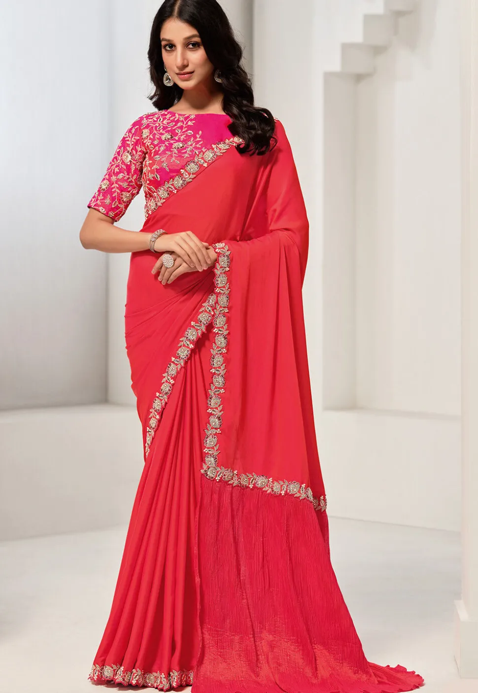 Embroidered Border Crepe Saree in Red