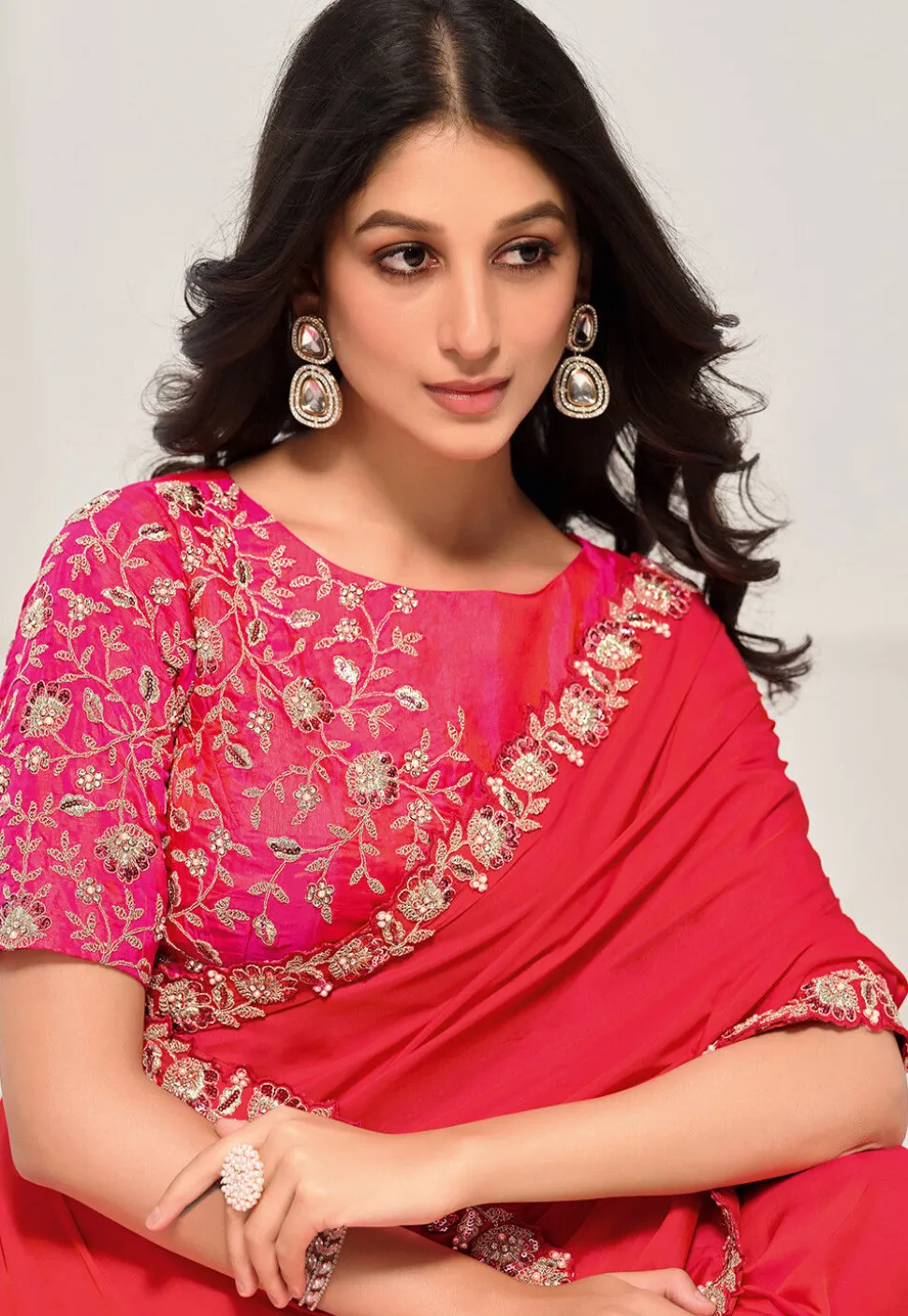 Embroidered Border Crepe Saree in Red