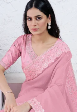 Embroidered Border Crepe Silk Saree in Light Pink