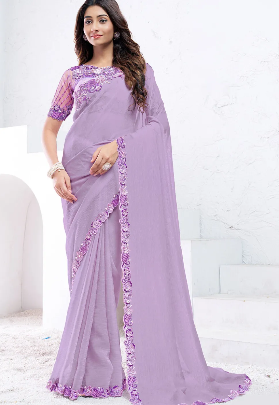 Embroidered Border Crepe Silk Saree in Light Purple