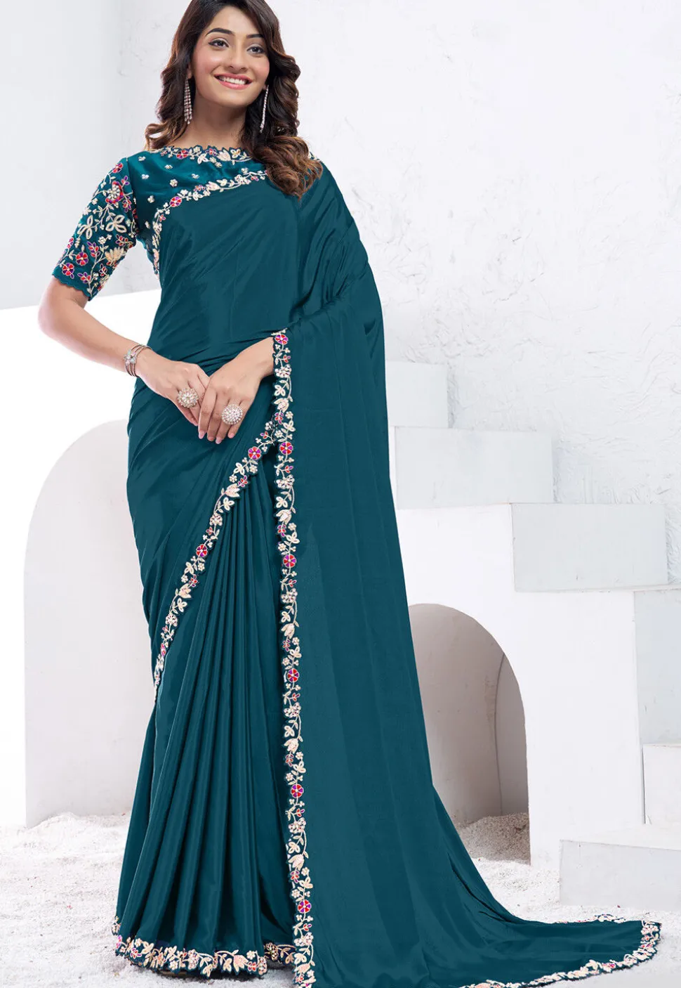 Embroidered Border Crepe Silk Saree in Teal Blue