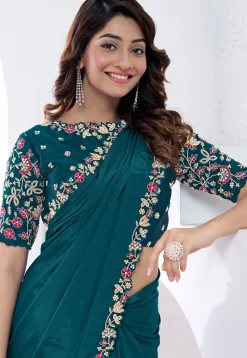 Embroidered Border Crepe Silk Saree in Teal Blue