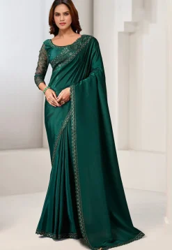 Embroidered Border Crepe Saree in Green