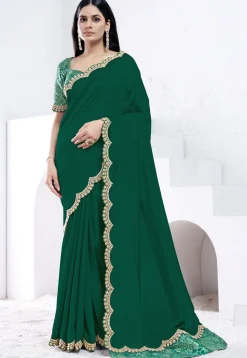 Embroidered Border Crepe Silk Scalloped Saree in Green