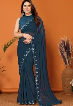 Embroidered Border Georgette Saree in Dark Teal Blue