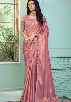 Embroidered Border Georgette Shimmer Saree in Pink