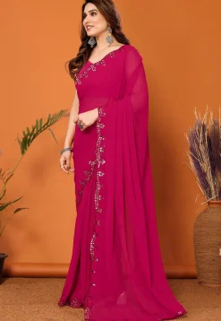 Embroidered Border Georgette Scalloped Saree in Magenta