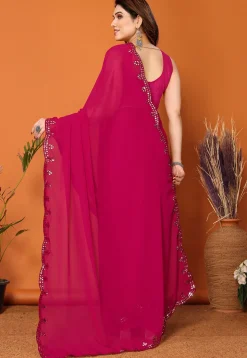 Embroidered Border Georgette Scalloped Saree in Magenta