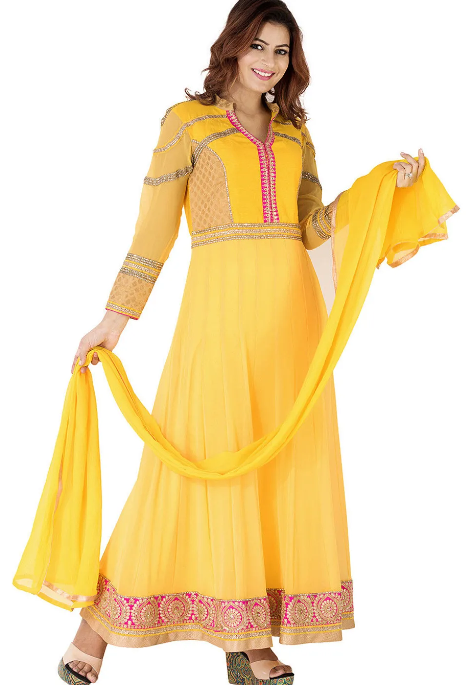 Embroidered Border Georgette Abaya Style Suit in Yellow