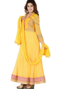 Embroidered Border Georgette Abaya Style Suit in Yellow