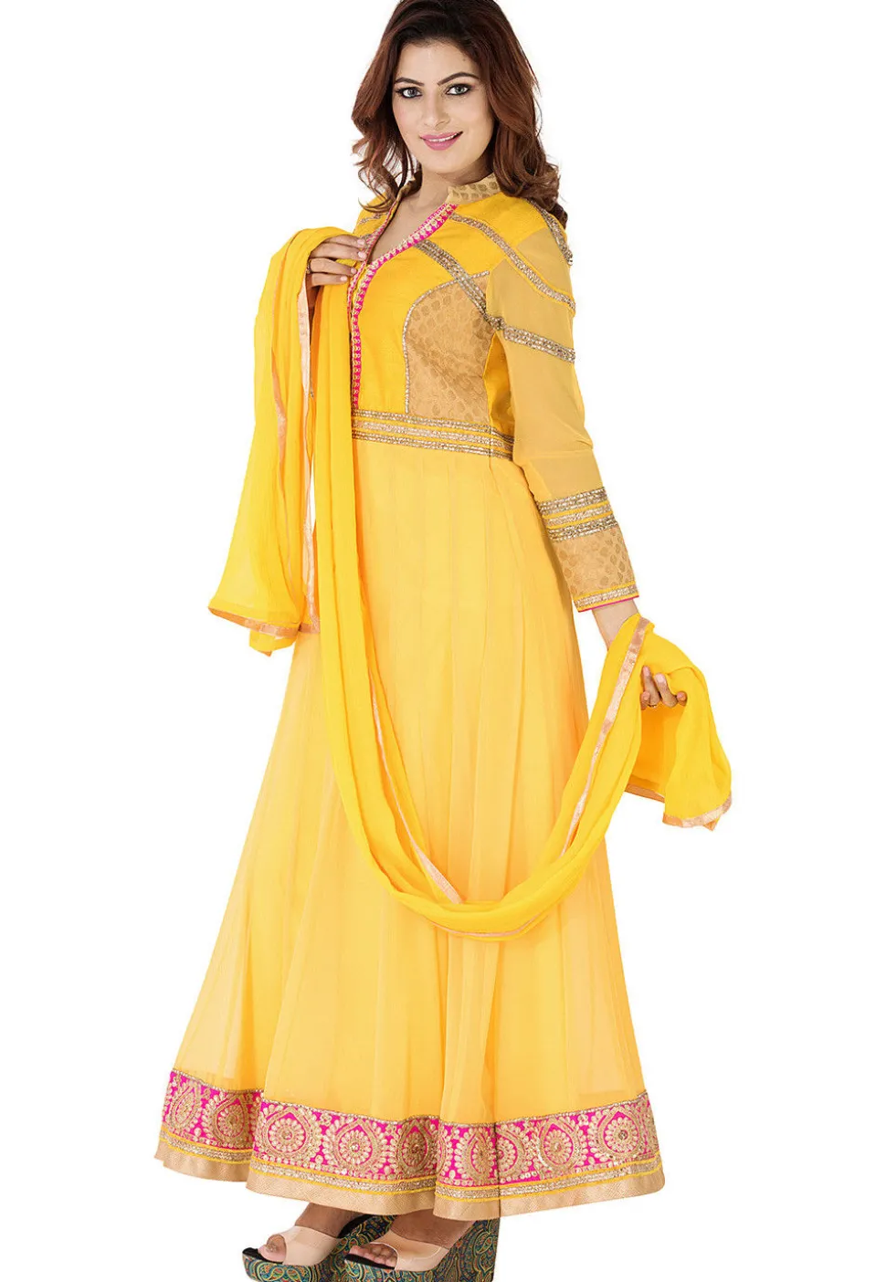 Embroidered Border Georgette Abaya Style Suit in Yellow