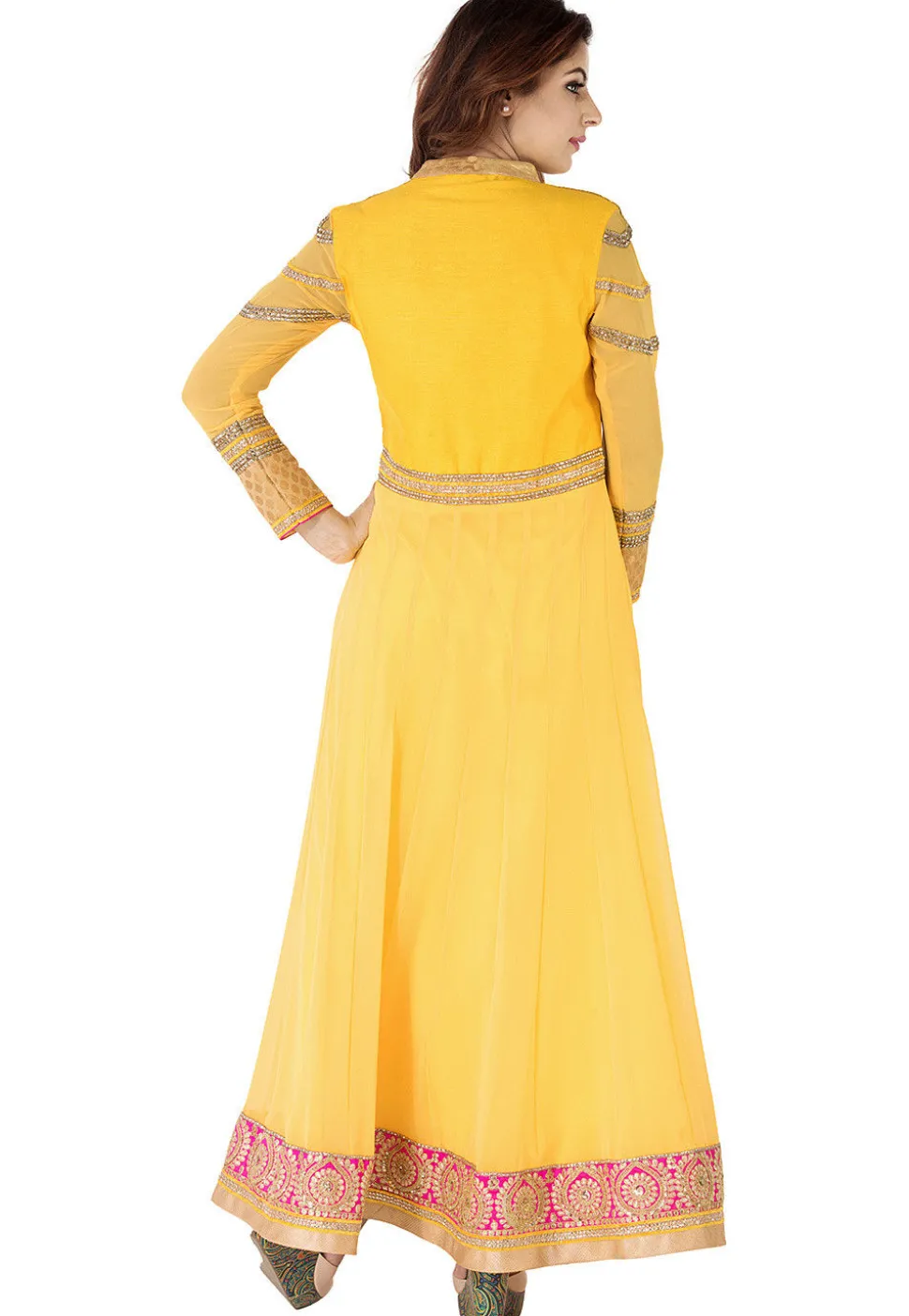 Embroidered Border Georgette Abaya Style Suit in Yellow