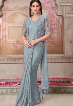 Embroidered Border Georgette Scalloped Saree in Grey