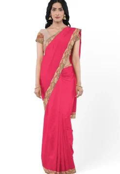 Embroidered Border Georgette Saree in Peach