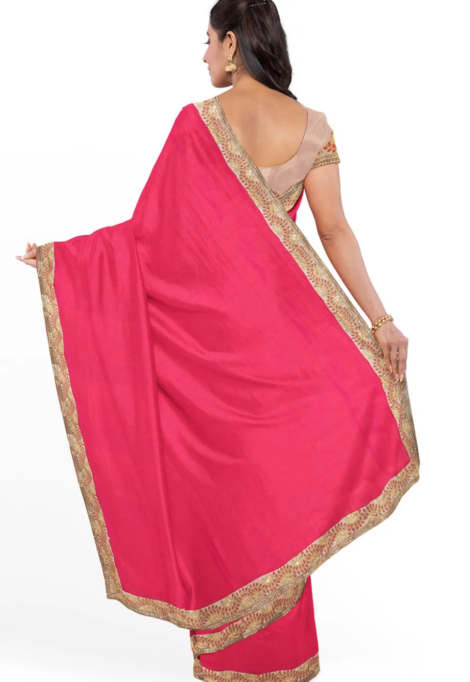 Embroidered Border Georgette Saree in Peach