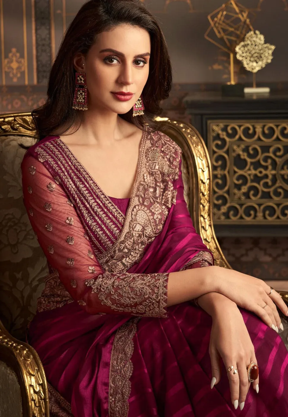 Embroidered Border Georgette Brasso Saree in Magenta