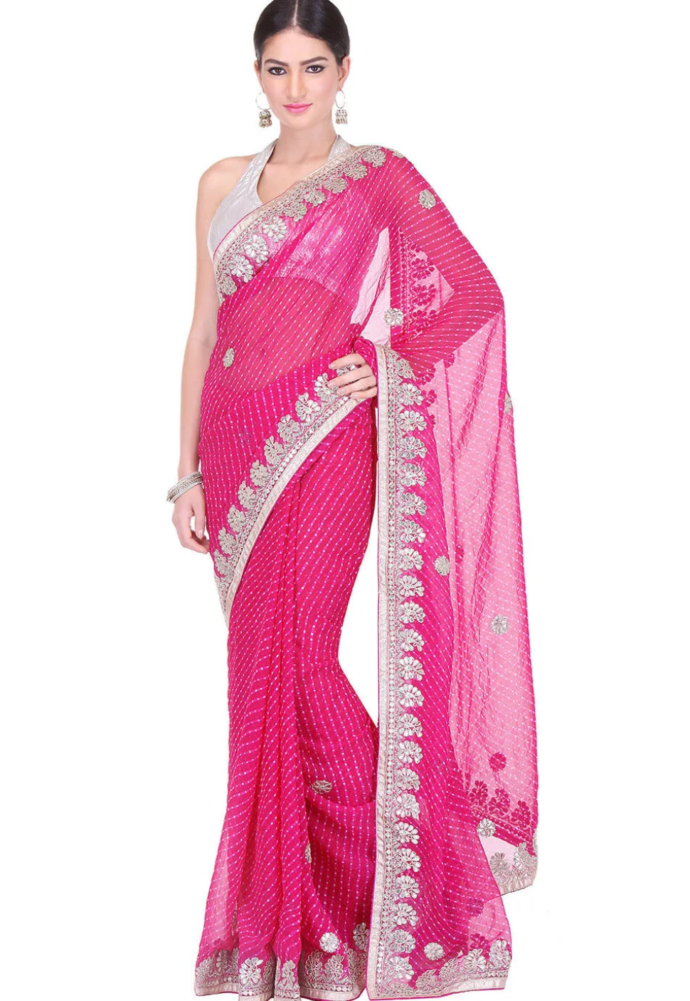 Embroidered Border Georgette Lehariya Saree in Fuchsia