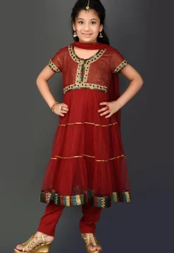 Embroidered Border Net Anarkali Suit in Maroon